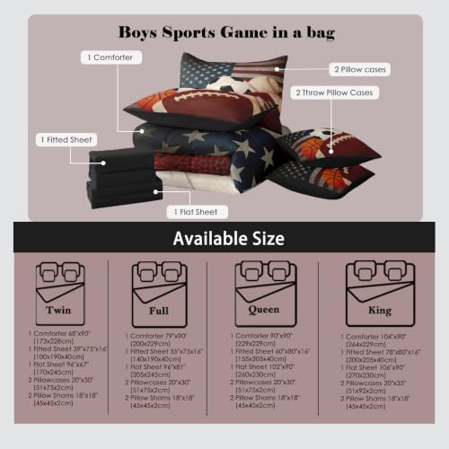 Image of Feelyou Boys Sports Comforter Set with Sheets 7 Piece Queen Size Football Baseball Soocer Basketball Bed in a Bag Kids Boys Girls American Flag Bedding Set Bedroom Decor Breathable Soft Microfiber