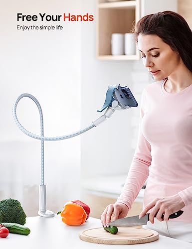 Image of Aomiker Gooseneck Phone Holder for Bed - [Upgrade Nylon Braid] 38 inch Flexible Lazy Arm Clip, 360 Adjustable Overhead Phone Mount for iPhone 16 15 14 13 12 11 Pro Max Mini Plus, 4-7 inch Cellphone - White