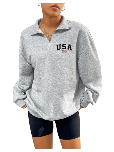 Gorglitter Women'S American Flag Graphic Letter Quarter Zip Pullover Sweatshirt Casual Long Sleeve Mock Neck Pullover Tops Grey Medium cover