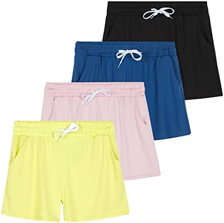 Real Essentials 4 Pack: Girls Active Athletic Performance Dry Fit Short Running Sports Shorts Soccer Tennis Summer Basketball Lounge Casual Sleep Bottoms Gym Workout Kids Dolphin - Set 12, XL (16)