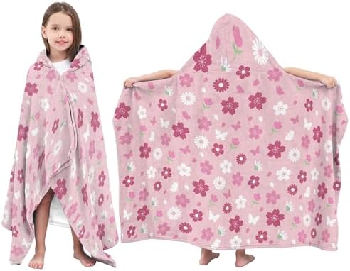 Pink Flower Hooded Towel for Kids, 30"x50" Cherry Blossom Wearable Quick Dry Flannel Bath Wrap, Flower Lovers Gifts for Girls, Toddler Bath Towel for Swim Pool Travel