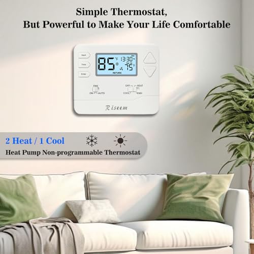 Thermostat for Heat Pump,NonProgrammable Thermostat for Home,Conventional Single-Stage Systems,2 Heat/1 Cool Heat Pump Or 1 Heat/1 Cool,Easy DIY Install, White Backlight