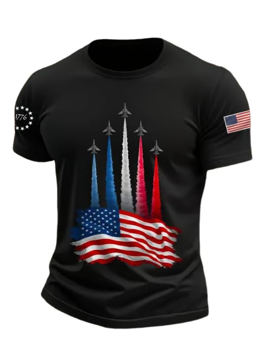 Patriotic USA Flag Fighter Jets 4Th of July T-Shirt Red White and Blue Shirts for Men