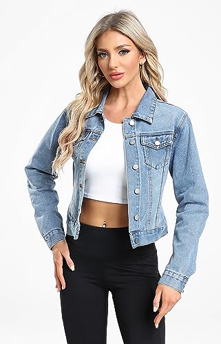 andy & natalie Jean Jacket Women Fashion Denim Jackets Long Sleeve Basic Button Down Cropped Jean Jacket with Pockets Blue #02 Medium