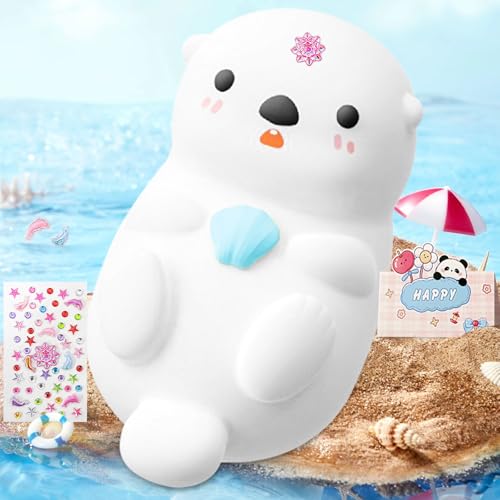 IGUGI Luz Nocturna Infantil,Luz Quitamiedos Infantil con FuncióN de Temporizador,USB Recargable,Lampara Bebe Noche Nutria Marina Incluye Tarjeta de Agradecimiento y Pegatinas de Cristal Brillante