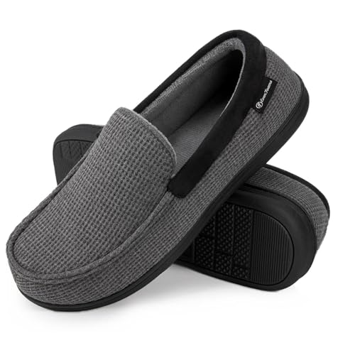 EverFoams Mens Comfort Memory Foam Moccasin Slippers Breathable Terry Cloth House Shoes with Anti-Skid Rubber Sole Grey 9 UK