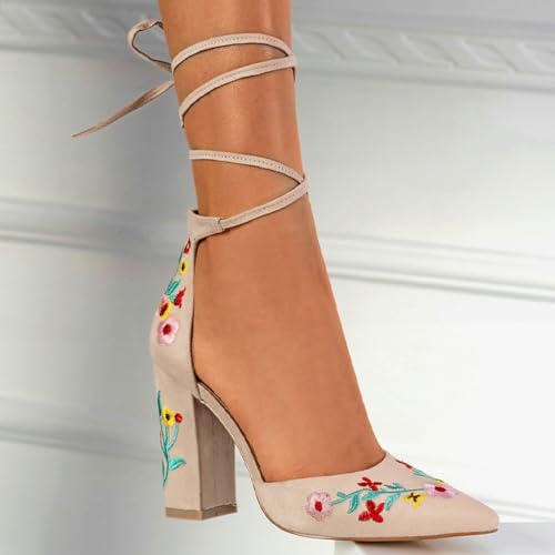 DINTAHA Floral Embroidered Heels,Lace Up Heels Closed Toe,Suede Pointed Toe Chunky Heel Pumps3