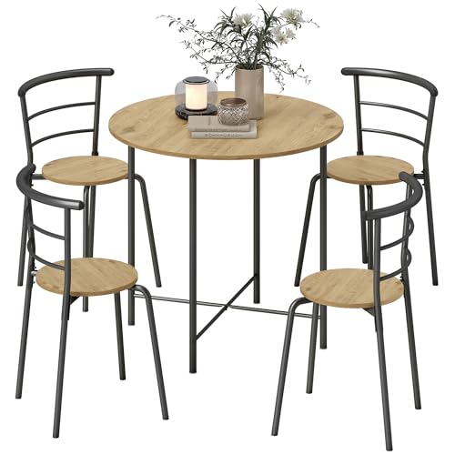 HOMCOM Set Tavolo e Sedie Sala da Pranzo 5 Pezzi, Tavolo da Pranzo Rotondo e 4 Sedie in Legno e Metallo, Salvaspazio, Stile Industriale, per Soggiorno Salotto Cucina, Nero e Color Legno