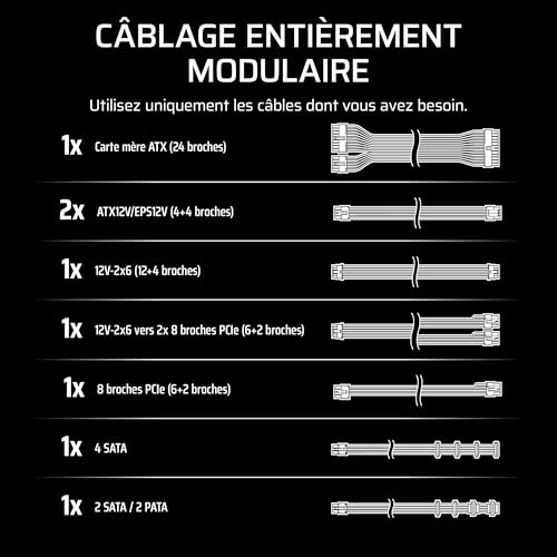 CORSAIR RM1000e (2025) Alimentation ATX Entièrement Modulaire à Faible Bruit avec Câble 12V-2x6 – Compatible ATX 3.1 et PCIe 5.1, Efficacité Cybenetics Gold, Condensateurs Résistants à 105°C – Blanc