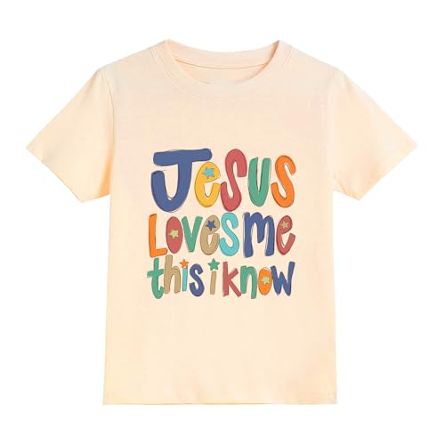Kachibud Jesus Loves Me This I Know Shirt for Toddler Girls Boys Cotton T-Shirts Beige Short Sleeve Funny Christian Tees Bible Verse Tops 2T