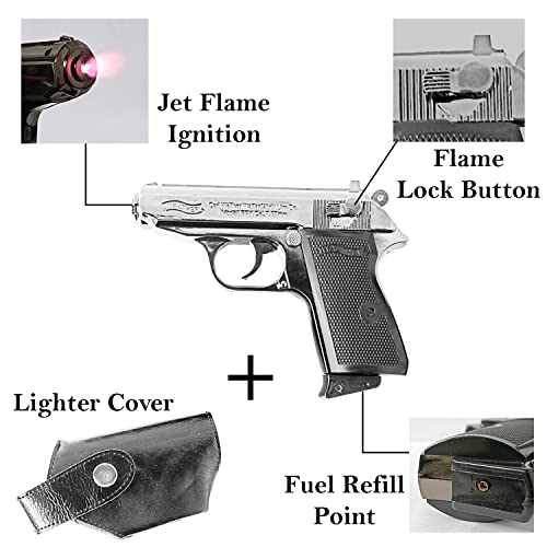 Image of Metallic Gun /Pistol Shape Barrel Pull Back System & Holster Pocket Lighter Pocket Lighter | 508 Gun Lighter with Cover Pocket Lighter (Silver)