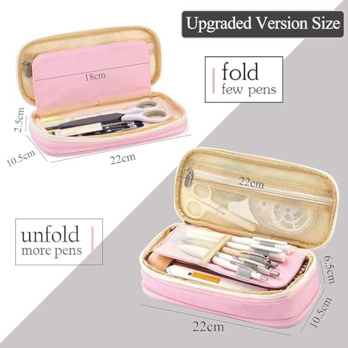 Image of Canvas School Bag Pencil Case, 3 Layer 6 Compartment Large Capacity, Aesthetic Pencil Pouch for Stationary, Cute Stationery for Kids, Pencil Case for Girls & Boys (Pink)