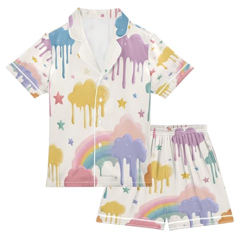 Satin Pajama Sets Short Sleeve Colorful Clouds and Stars Pattern Button Down Silky Nightwear 2 Piece PJS 5-14Y