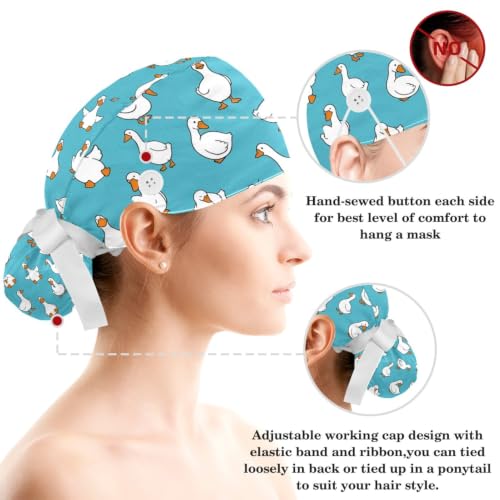 Image of Butterfly Scrub Cap Women with Ponytail & Buttons Adjustable Surgical Nurse Hat with Cotton Sweatband for Long Hair
