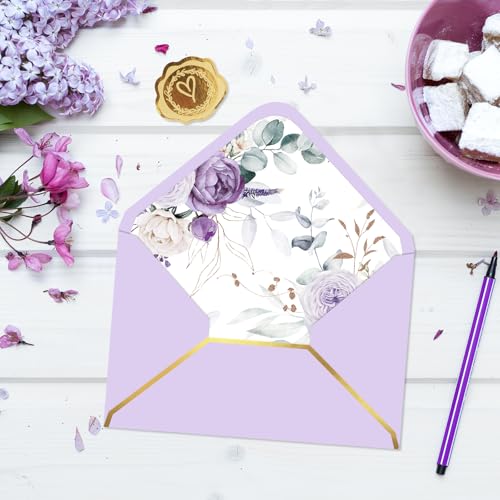 FYSUIMU Envelope floral roxo 50 peças aquarela lavanda flor convite envelope com adesivo V-Flap port