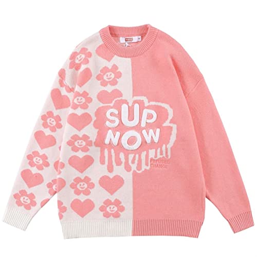 XMAIYIF (Wool) Sweater Patchwork Heart Letter Pattern Sweater Men Pullover Couple Sweaters Sweater(Pink,M)