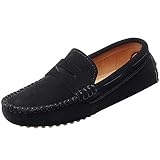 Shenn Boys' Cute Slip-On Black Suede Leather Loafers Shoes S8884 US3