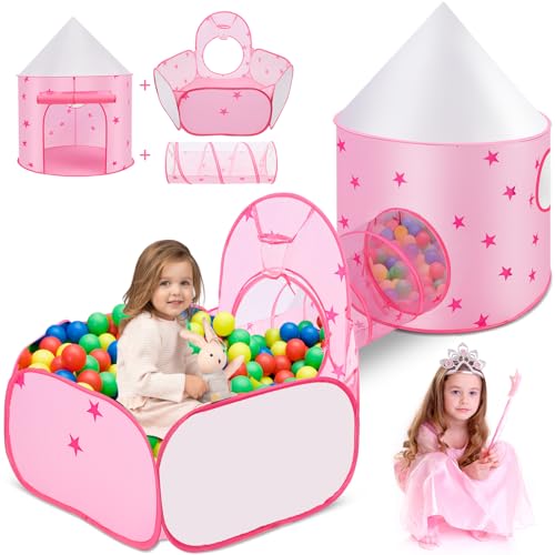 Tundala Barraca 3 Em 1 Rosa, Toca Túnel, Brinquedoteca Para Casa Ao Ar Livre, Piscina De Bolinhas, 120*95cm/Piscina De Bolinha 120*120cm/Túne 106*47cm