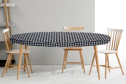 Image of The Furnishing Tree Elastic Oval Dining Table Cover WxL 35x63 in Inches Polyester Checkered Pattern White
