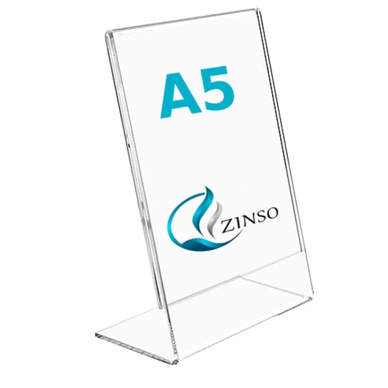 Image of ZINSO A5 L-Shaped Acrylic Sign Holder Portrait Style Menu Ad Frame Display Stand Table Top Perfect for Restaurants, Promotions, Photo Frames, Classroom (3PC)