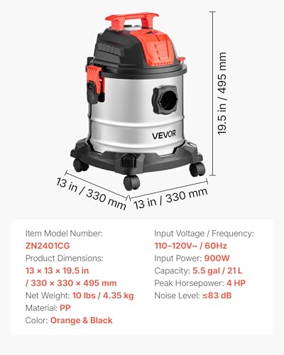 Image of VEVOR Shop Vac, 5.8 Gallon Wet Dry Shop Vacuum, 4 Peak HP with One-Button Self-Cleaning, Dual-Filter, 900W Input Power, 1.25in x 7ft Hose, 9.8ft Cord, Metal Tank for Jobsite, Workshop, Garage, Home