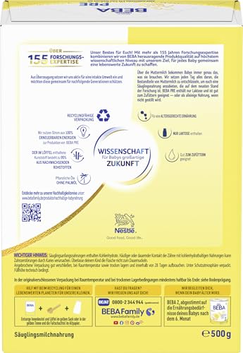 BEBA PRE Anfangsmilch von Geburt an, Babynahrung , nur Laktose, ohne Palmöl, 6er Pack (6 x 500g)