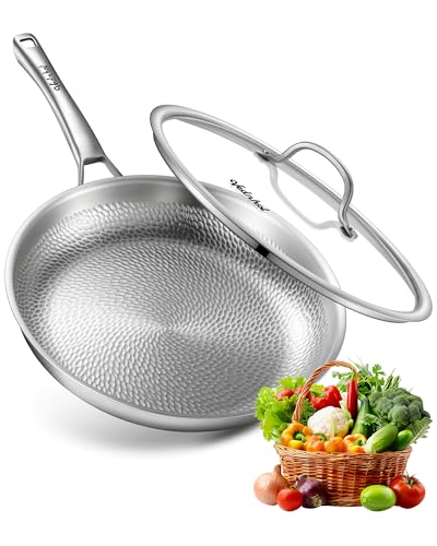 Titanium Pans for Cooking | 12 Pure Titanium Hammered Pro frying au gratin pan with Lid | Non-Toxic Skillet | PFAS/PFOA/PTFE Free Cookware | Dishwasher&Oven Safe | Kitchen Induction Compatible