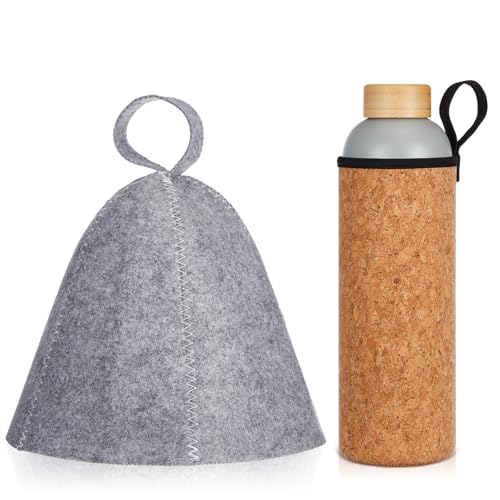 Skybooly 2 Pcs Sauna Water Bottle and Sauna Hat Kit 34oz Insulated Water Bottle Stainless Steel with Cork and Bamboo Lid Banya Cap for Women Men Hot Room Bath House Accessories(Gray)