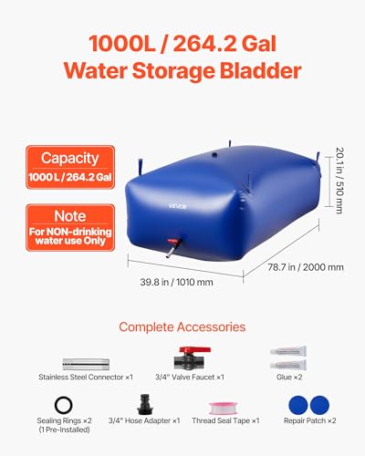 Image of VEVOR Water Storage Bladder 264.2 Gallon Large Capacity Water Bag, Portable & Collapsible Soft Waters Container, Leakproof & Tear-Resistant PVC Emergency Waters Storage Tank for RV Truck & Outdoor Use