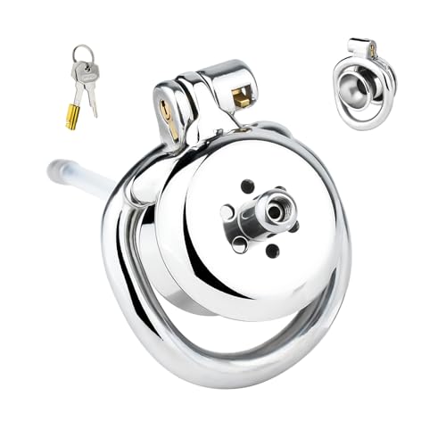 Cage de Chasteté Inversée Sex Toys Cage Chastetée avec Cthéter et Plateau Urinal Cage de Chasteté pour Pénis avec Verrou Invisible Pour le Bondage de l'Homme Acier Inoxydable Respirant (50mm,A)