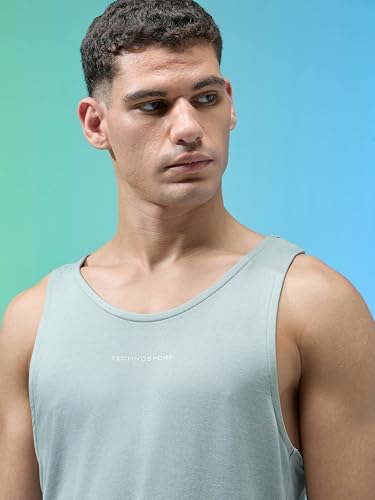 Image of TECHNOSPORT Mens Slim Fit Self Design Scoop Neck Gym Vest with Double Cool for Gym & Sports