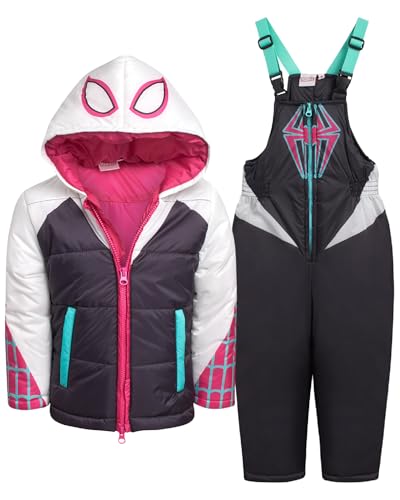 Marvel Girls Snowsuit Set - 2 Piece Ghost Spider Gwen Insulated Winter Jacket & Ski Bib Overalls for Kids