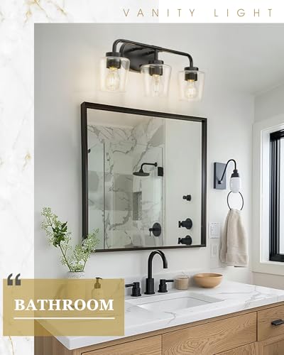 Image of 3-Light Matte Black Bathroom Light Fixtures, AD-22004-3W-BK-C | Bathroom Vanity Lights Over Mirror with Clear Glass, Modern Vanity Lighting Fixtures