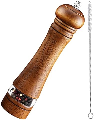 TooWoom Wood Pepper Grinder Pepper Mill, [Clear Window] 8 inch Adjustable Coarseness Wooden Peppermill, Manual Salt and Pepper Mills with Cleaning Brush, Ceramic Grinding Mechanism, Easily Refillable