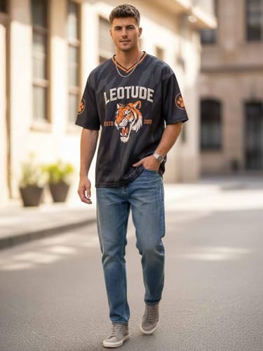 Image of LEOTUDE Men's Tiger Graphic Printed Oversized T-Shirt | Bold Red Sports Jersey Style Tee | V-Neck Half Sleeve Casual Streetwear for Men's (Color:Red)