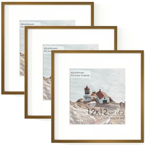 FLYJOE 12x12 Frame - Metal Square Picture Frame With Plexiglass 12x12 Frame With Mat for 8x8 Minimalist Modern Poster Frame Home Wall Decor Hanging Hardware Included, Bronze
