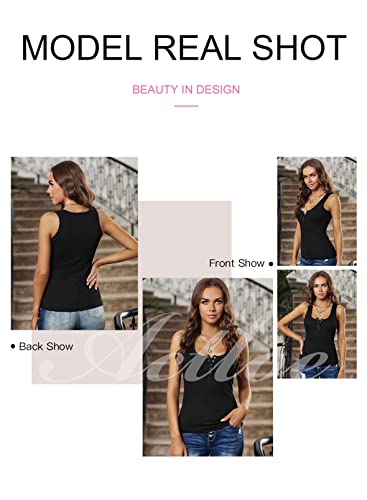 Actloe Womens Summer Tanks Sleeveless Button Up Shirts Henley Tight Low Cut Tops Casual Large A Black #TOP1