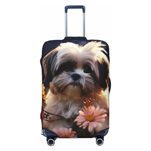Travel Luggage Cover Elastic Anti-Scratch Suitcase Protector Washable Travel Suitcase Cover Shih Tzu Dog And Flowers Luggage Protector Fits 18-32 Inch Suitcase