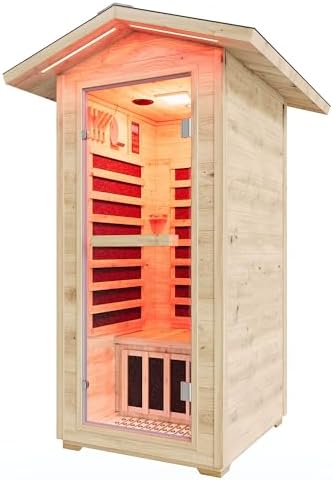 Albott Outdoor Sauna 1 Person, Infrared Saunas for Home, Low EMF 1245W/110V Spruce Wood Dry Sauna with Tourmaline Stone Foot Warmer, 7-Color Light Therapy & 2 Bluetooth Speakers, 33.5"x35.4"x78.7"