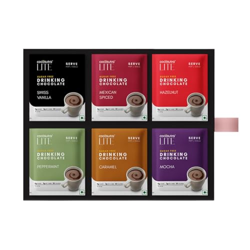 Image of COCOSUTRA Sugar Free Drinking Chocolate Hamper | 3*6 Single Serve Sachets | 6 Premium Hot Chocolate Flavors | Zero Sugar, Low Carb, Low Calorie | Stevia & Erythritol based | Healthy Gift | Vegan | 360g