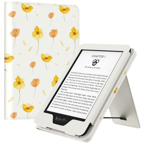Image of MoKo Case for All-New 6 inch Kindle(11th Generation, 2024 /2022 Release) /(10th /8th Gen, 2019 /2016), Ultra Lightweight PU Shell Cover with Auto Wake /Sleep for Kindle 2024, Flower on White