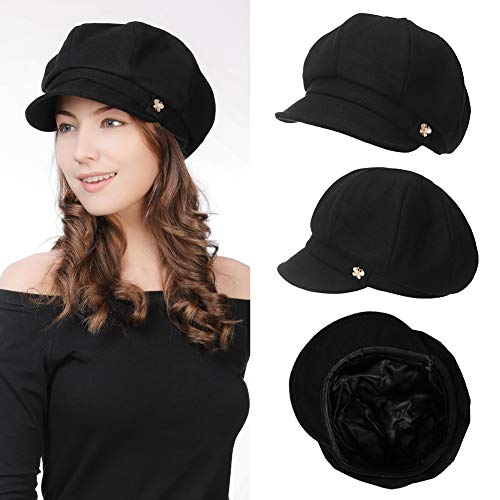 Jeff & Aimy Womens Newsboy Peaked Cap Visor Beret Winter Fashion Baker Boy Peaked Cap For Ladies Painter Newsy Cabbie Hat Satin Lined Black M #TOP2