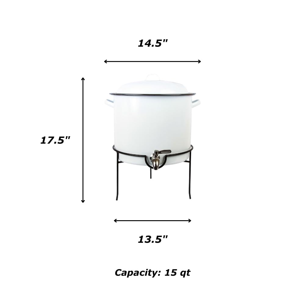 Enamelware Beverage Dispenser with Rack, 15 quart, Vintage White/Blue
