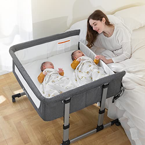 Image of Ihoming Twin Bassinets for Baby, Double Bassinet Bedside for Twins, Double Bassinets for 2 Babies, Infant Co Sleeper Bedside Crib Attaches to Bed, Deep Grey