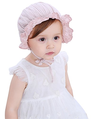Girls 100% Cotton Ruffle Brimmed Eyelet Lace Bonnet Caps, Beige
