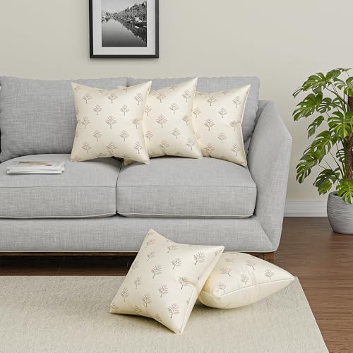 Image of Kuber Industries Polyester Cushion Cover 16 Inch x 16 Inch Set of 5 with Zip Closure | Decorative Throw Pillow Square Cushion Cover for Sofa Set, Bedroom and Living Room | Golden Tree - Cream
