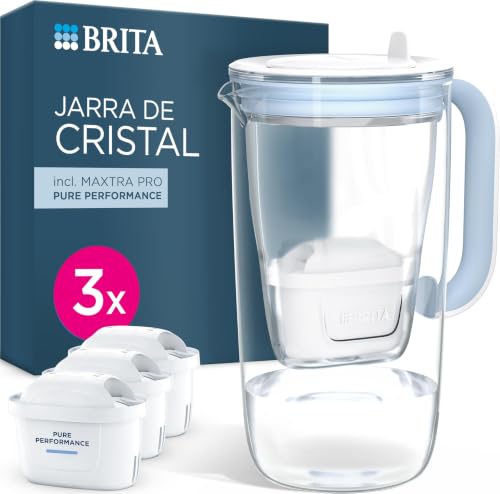 BRITA Jarra filtradora de agua MAXTRA cristal, 3x filtro Pure Performance | Azul (2.5L) jarra de vidrio premium con tapa abatible de fácil llenado y LED Smart Light, reduce PFAS, cloro, cal e impurezas