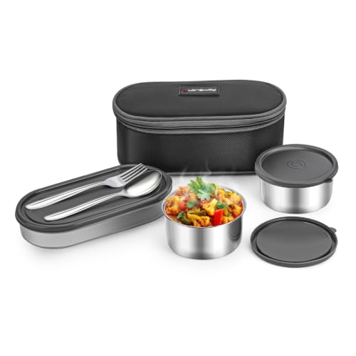 Image of LONGWAY Craveo Stainless Steel Lunch Box with 3 Containers | 2 Round 300ml Each & 1 Oval 500ml | Airtight & Leak Proof with Spoon | Food-Grade Steel Lunch Box for Office, School & College (Black)