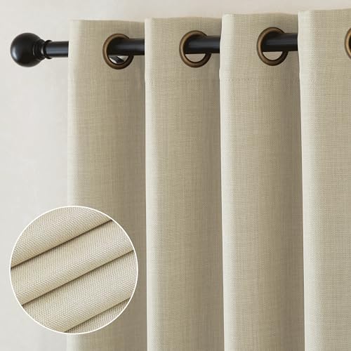 PONY DANCE Linen Curtains for Bedroom - Boho Blackout Curtains with Bronze Rings Eyelet, Thermal Insulated Window Treatment Curtain for Living Room, 2 Panels Light Beige Vintage Curtains, 46 x 72 Drop