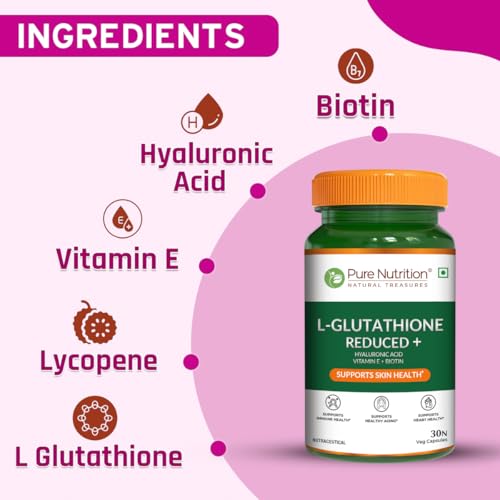 Image of Pure Nutrition Reduced L Glutathione Supplements | Glutathione Tablets for Skin Whitening With Hyaluronic Acid, Vitamin E & Biotin | Support Skin Health & Antioxidant | Skin Glow Tablets For Men & Women - 30 Veg Capsules
